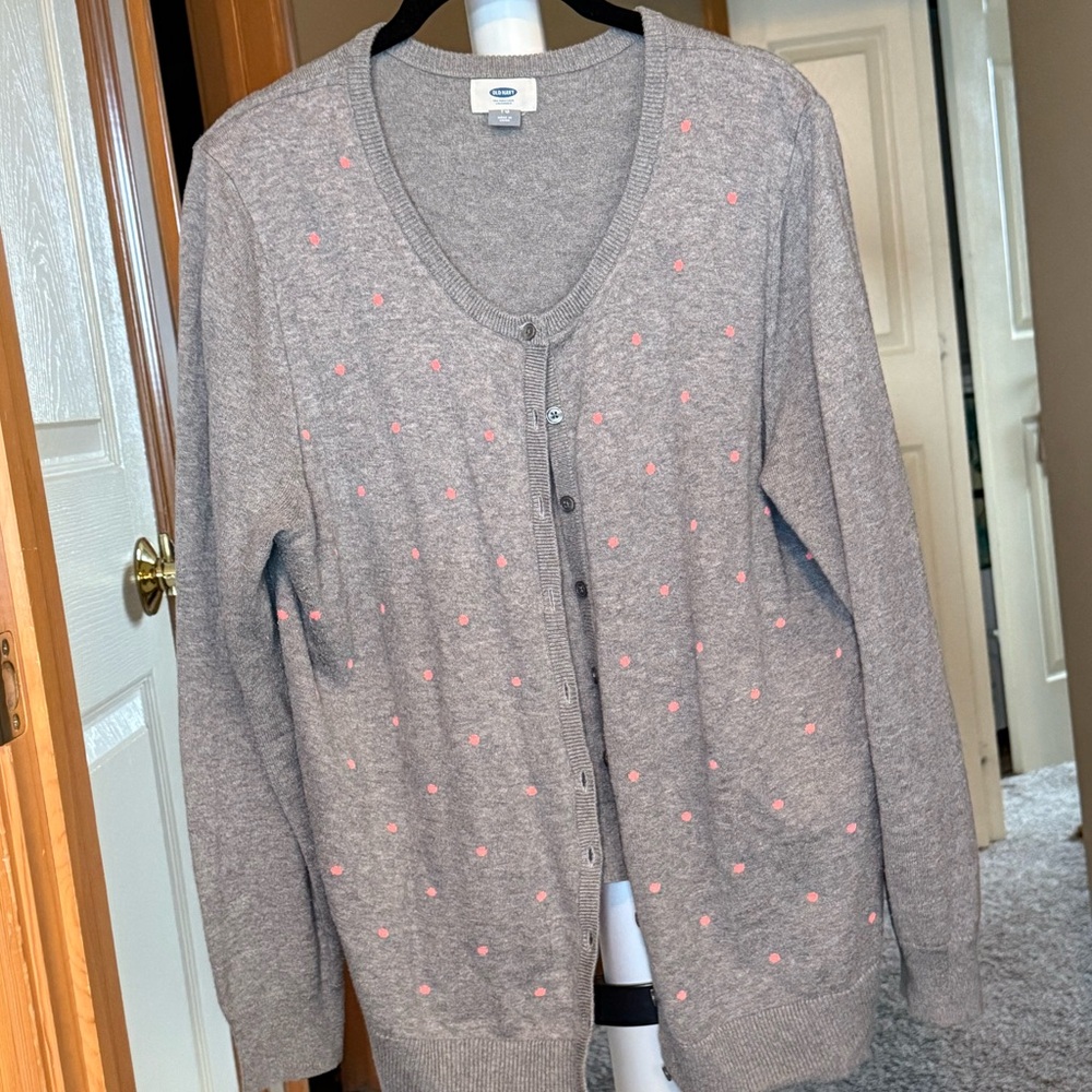 Old Navy Cardigan - XL - Grey with Coral Dots